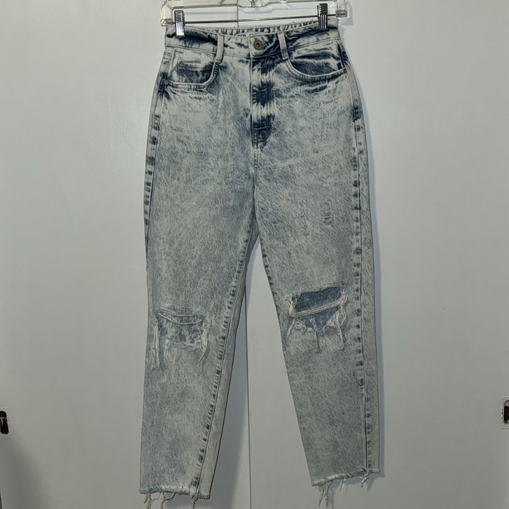 ZARA Acid Washed High Rise Destroyed Mom Jeans Straight Leg Women’s 2
